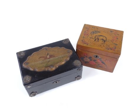 A Chinese lacquer tea caddy with elephant decorated lid, and a Victorian jewel box with hand painted steeplechase design to t