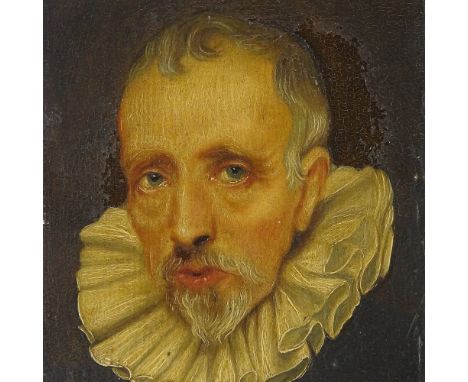 Oil on wood panel, circa 1900, portrait of a man wearing a ruff, unsigned, 6" x 5", unframed 