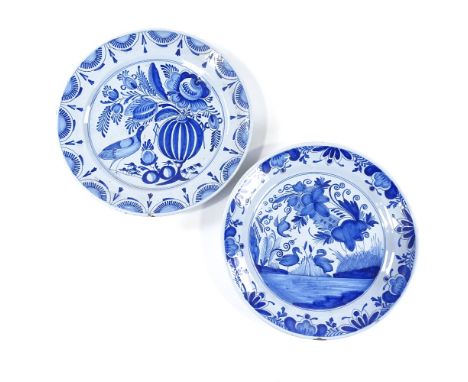 2 Continental tin-glaze ceramic chargers, hand painted birds and flowers, diameter 33cm 