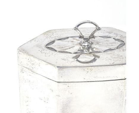 An Edwardian hexagonal silver tea caddy, with swing handle, by Thomas Bradbury &amp; Sons, hallmarks Sheffield 1902, height e