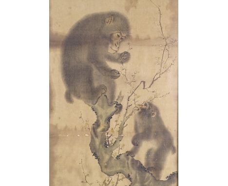 After Mori Sosen (Japanese), lithograph, 2 monkeys, 27.5" x 15", framed 