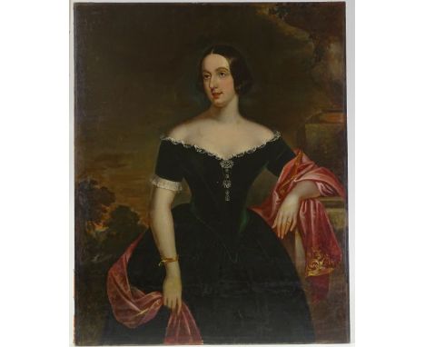 Early 19th century English School, large oil on canvas, three quarter length portrait of a young woman wearing a green velvet