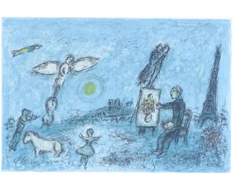 Marc Chagall, original lithograph, the painter and his double, 1981 DLM issue, image 12" x 18.5", framed 