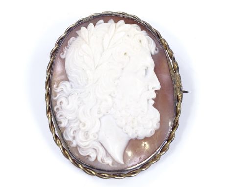 A relief carved cameo shell panel brooch, depicting portrait of Zeus, in unmarked yellow metal rope twist frame, brooch heigh