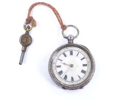 A Continental silver-cased open-face key-wind fob watch, white enamel dial with Roman numeral hour markers and floral engrave