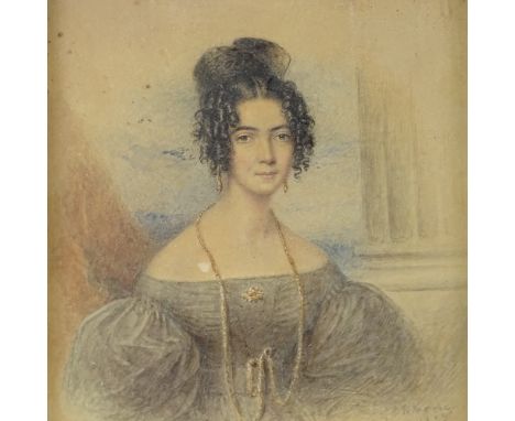 W Moore, watercolour, half length portrait of Jemima  Turvey, signed and dated 1835, 10" x 8", original gesso frame 