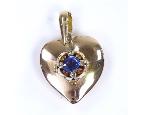 A Vintage unmarked gold sapphire diamond and white enamel heart pendant, with closed-back setting, settings test as 15ct, pen
