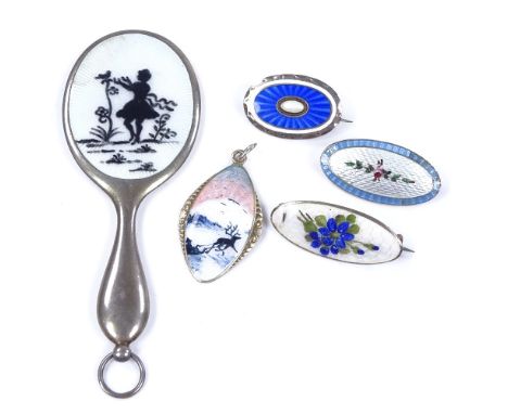 Various silver and enamel jewellery, including miniature chatelaine attachment, brooches etc (5) 