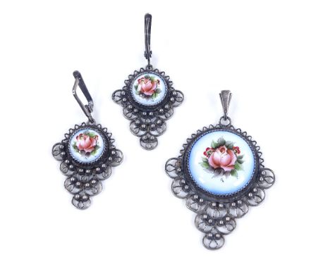 A Norwegian silver and floral enamel pendant and earring set, pendant height excluding bale 45.2mm, 16.6g total (2) 