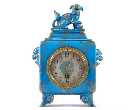 A French gilded ceramic cased mantel clock by Jules Vieillard, in Japanese style, surmounted by a Dog of Fo, 8-day movement w