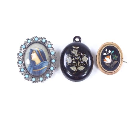 A small unmarked yellow metal pietra dura brooch, an inlaid tortoiseshell mourning pendant, and a hand painted miniature port