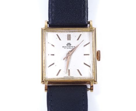BUCHERER - an 18ct gold mechanical wristwatch, square silvered face with gilt baton hour markers, 17 jewel movement, case no.
