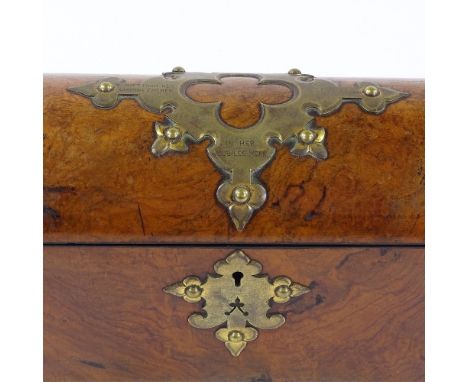 A Victorian brass-mounted burr-walnut dome-top tea caddy, length 22cm 