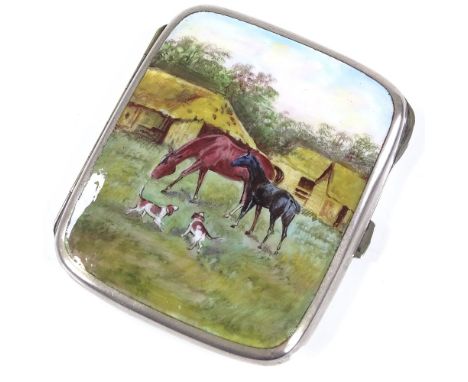An early 20th century nickel plate cigarette case, with hand painted enamel cover depicting horses and dogs in a field, lengt