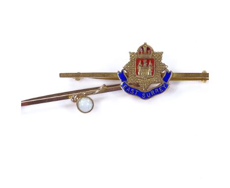 A 9ct gold and enamel East Surrey bar brooch, brooch length 51mm, together with a 9ct cabochon opal bar brooch, length 44mm, 