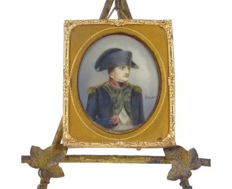 A miniature watercolour on card, portrait of Napoleon, indistinctly signed, in gilt frame on gilt-metal easel, frame height 8