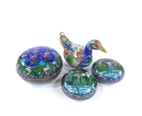 3 Japanese cloisonne enamel circular boxes, largest 12cm across, and a bird design cloisonne enamel box (4) 