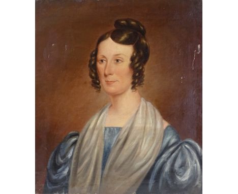 Early 19th century English School, oil on canvas, head and shoulders portrait of a young woman wearing a blue silk dress, uns