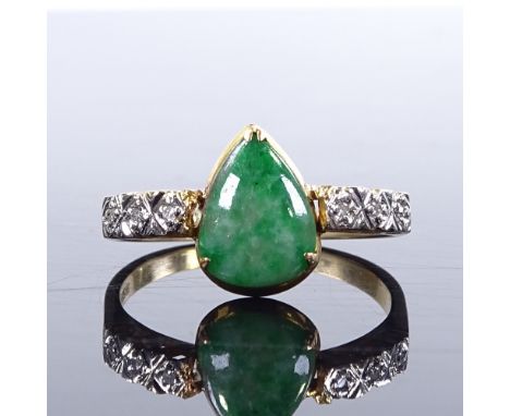 A 9ct gold jade and diamond dress ring, with pierced heart-shaped back, setting height 11.2mm, size O, 2.4g 