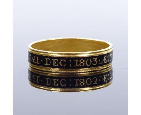 A Georgian unmarked gold and black enamel mourning band ring, inscribed "George Golding OB; 21 Dec 1803 AE; 79", maker's mark