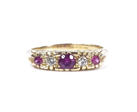 An 18ct gold 5-stone ruby and diamond half-hoop ring, with scroll engraved bridge, setting height 4.7mm, size R, 5.1g 