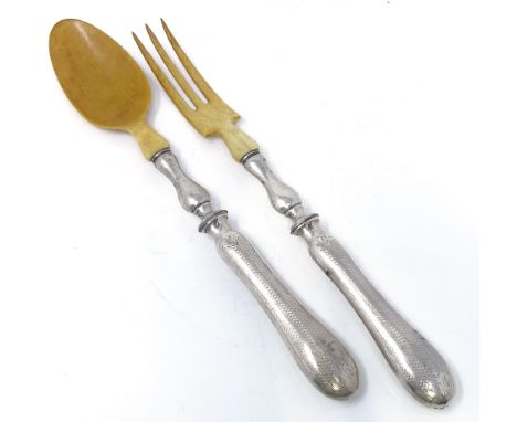 A pair of French silver-handled ivory salad servers, fork length 28cm 