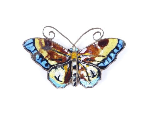 A David Andersen Norwegian sterling silver and coloured enamel butterfly brooch, wingspan 60.2mm, 14.6g 