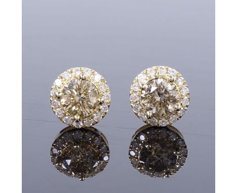 A pair of 14ct gold 1.22ct light brownish yellow diamond cluster earrings, with stud fittings, each central stone approx 0.61