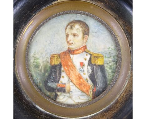A 19th century miniature watercolour on ivory, portrait of Napoleon, unsigned, in stained wood frame, overall height 12.5cm 