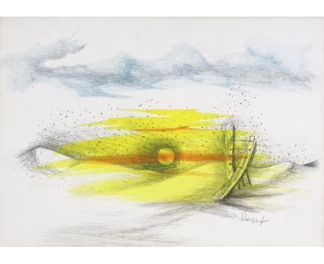 Jean Lurcat, lithograph with hand colouring, landscape, circa 1950, signed in pencil, 10" x 14", framed 