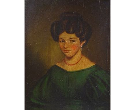Mid-19th century oil on board, half length portrait of Jane Adams, circa 1860, unsigned, 10.5" x 8", framed 