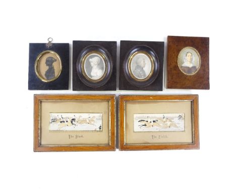 A pair of 19th century miniature pencil/watercolour portraits in ebony frames, a miniature watercolour portrait of a woman, s