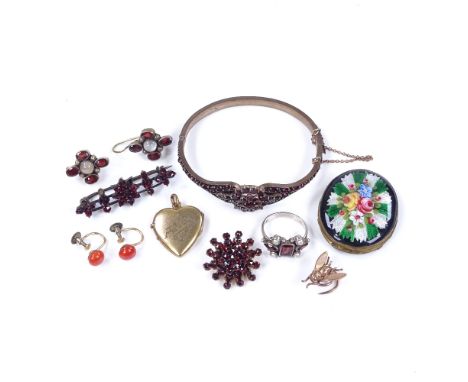 Various Victorian and later jewellery, including garnet bangle, brooches, and enamel buckle etc 