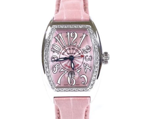 FRANCK MULLER - a lady's stainless steel Master of Complication Conquistador Tonneau automatic wristwatch, engine turned pink