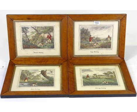A set of 4 colour shooting prints in maple frames, overall dimensions 11.5" x 13.5" 