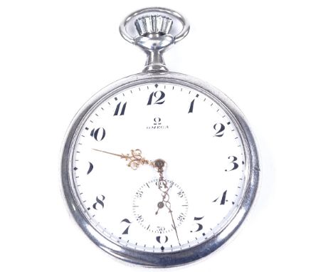 OMEGA - a Continental silver-cased open-face top-wind pocket watch, white enamel dial with Deco Arabic numerals and subsidiar