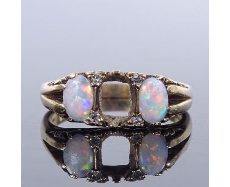 A 9ct gold opal and diamond half-hoop ring, with engraved scrollwork bridge and shoulders, setting height 7.7mm, size Q, 4g (