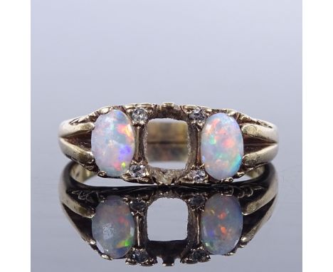 A 9ct gold opal and diamond half-hoop ring, with engraved scrollwork bridge and shoulders, setting height 7.7mm, size Q, 4g (