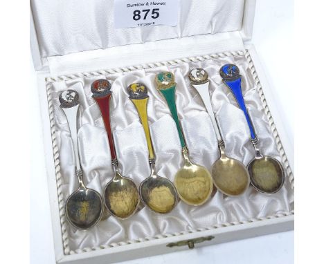 A set of 6 Danish sterling silver-gilt and harlequin enamel coffee spoons, with globe terminals, maker's marks ELA, length 10