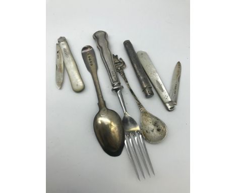 A Lot of silver hall marked items, Includes Two mother of pearl and silver fruit knives, Georgian London silver tea spoon, So
