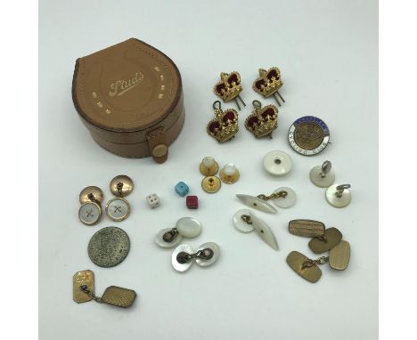 A Selection of vintage cuff links which includes 9ct gold and mother of pearl button shaped cufflinks, Silver coin, 3 Miniatu