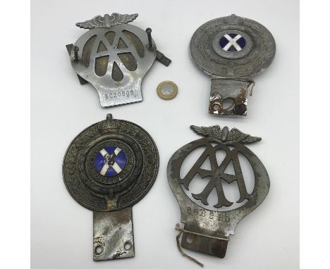 A Lot of 4 vintage car badges includes two AA Badges &amp; Two Royal Scottish Automobile club car badges. 