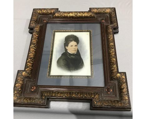 A Victorian painted lady portrait possibly done on milk glass or ceramic, Fitted within a wooden ornate regency frame, Frame 