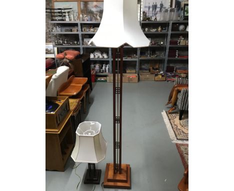 A Charles Rennie Mackintosh style hardwood standard lamp together with a matching table lamp. Bboth working 