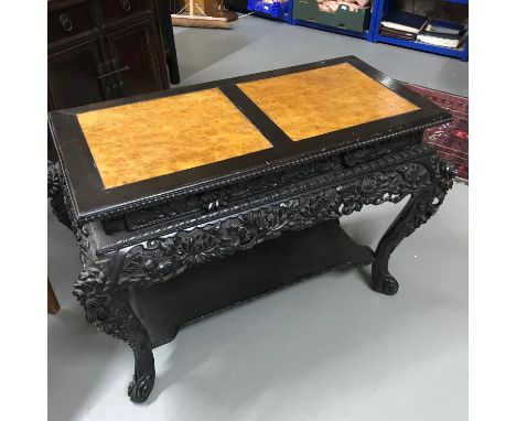 A 19th century Hand carved Chinese console table, designed with two Bur walnut top panels, Highly carved floral design front 