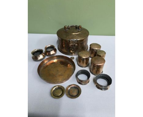 A 19th century Indian copper Paan Daan Betel nut box or Spice caddy with various vessel pots and plate