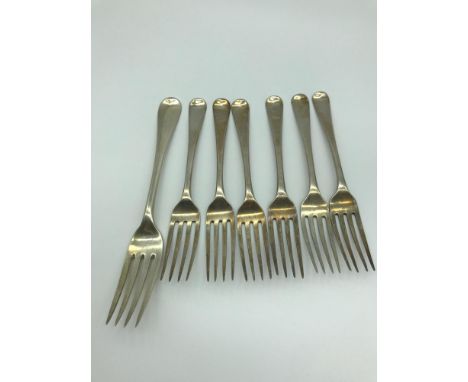 A Set of 6 Georgian London silver starter forks with Georgian London silver dinner fork. Maker of large fork is William Eaton