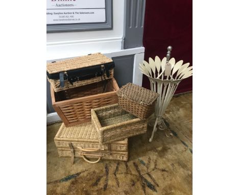 A Lot of various size hamper baskets and Cast metal flower stick stand 