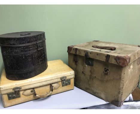A Vintage pig skin suitcase, Metal hat box &amp; Military style canvas trunk 