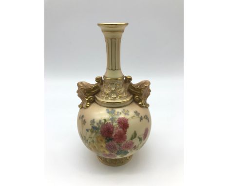 A Victorian Royal Worcester blush ivory bulbous vase with long neck. Beautifully painted with a bouquet of flowers, finished 